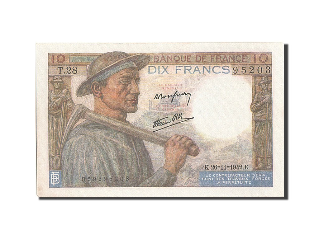 Banknot, Francja, 10 Francs, Mineur, 1942, 1942-11-26, UNC(63), Fayette:8.06