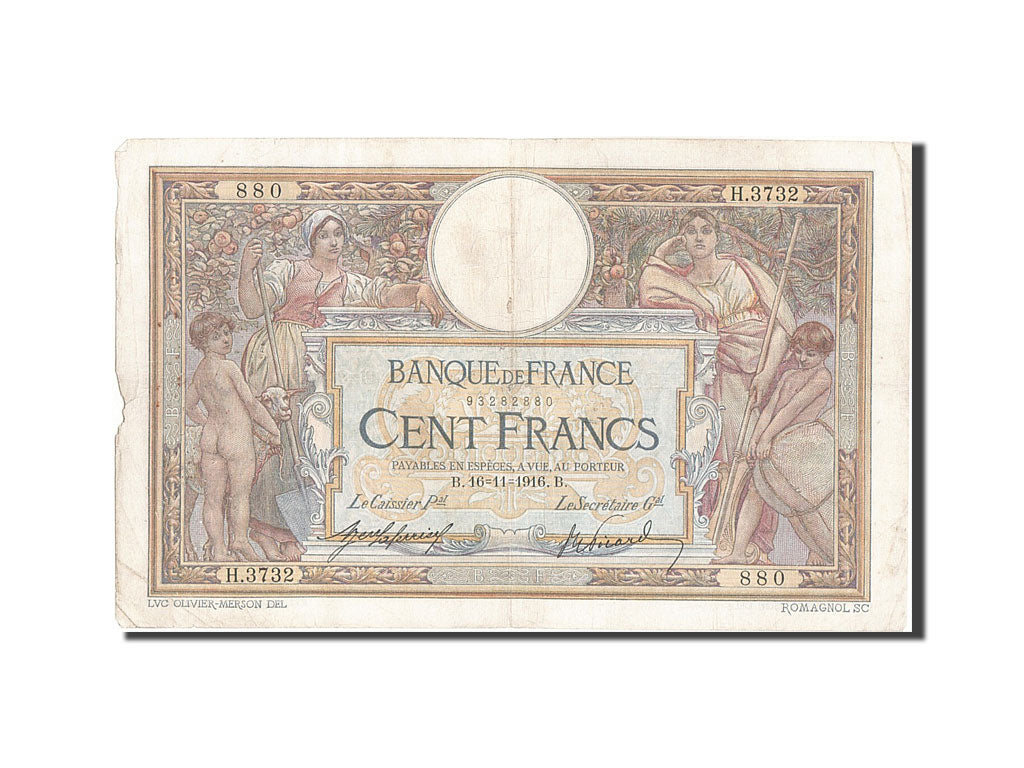 Biljet, Frankrijk, 100 Francs, 100 F 1908-1939 ''Luc Olivier Merson'', 1916