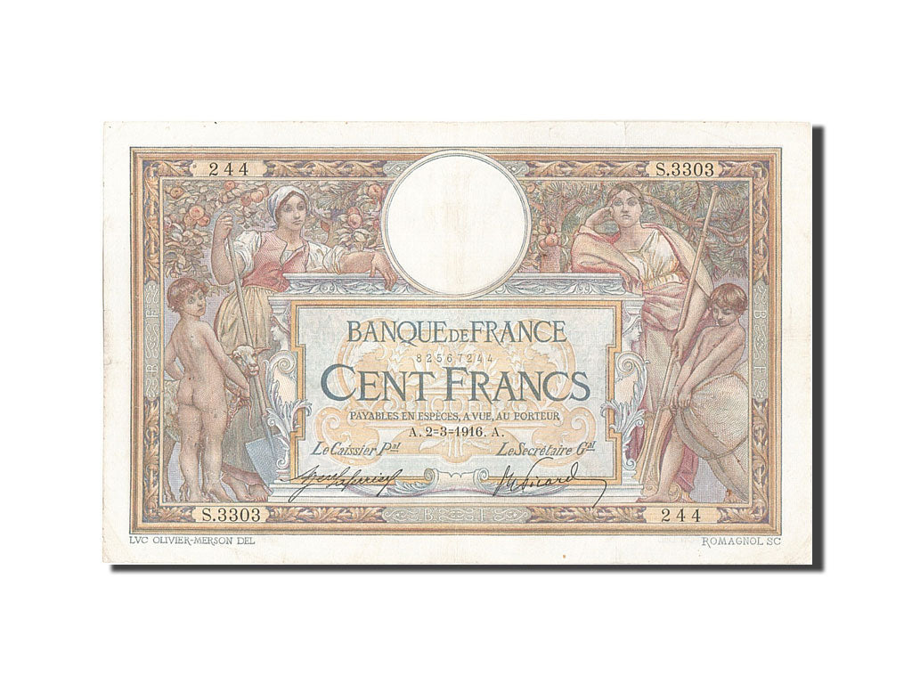 Banknot, Francja, 100 Francs, Luc Olivier Merson, 1916, 1916-03-02, EF(40-45)