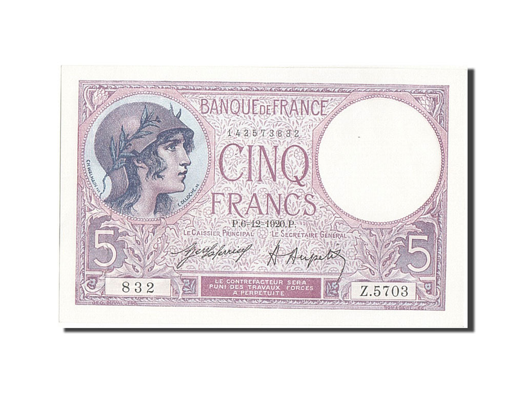 Banconote, Francia, 5 Francs, 5 F 1917-1940 ''Violet'', 1920, 1920-12-06, SPL