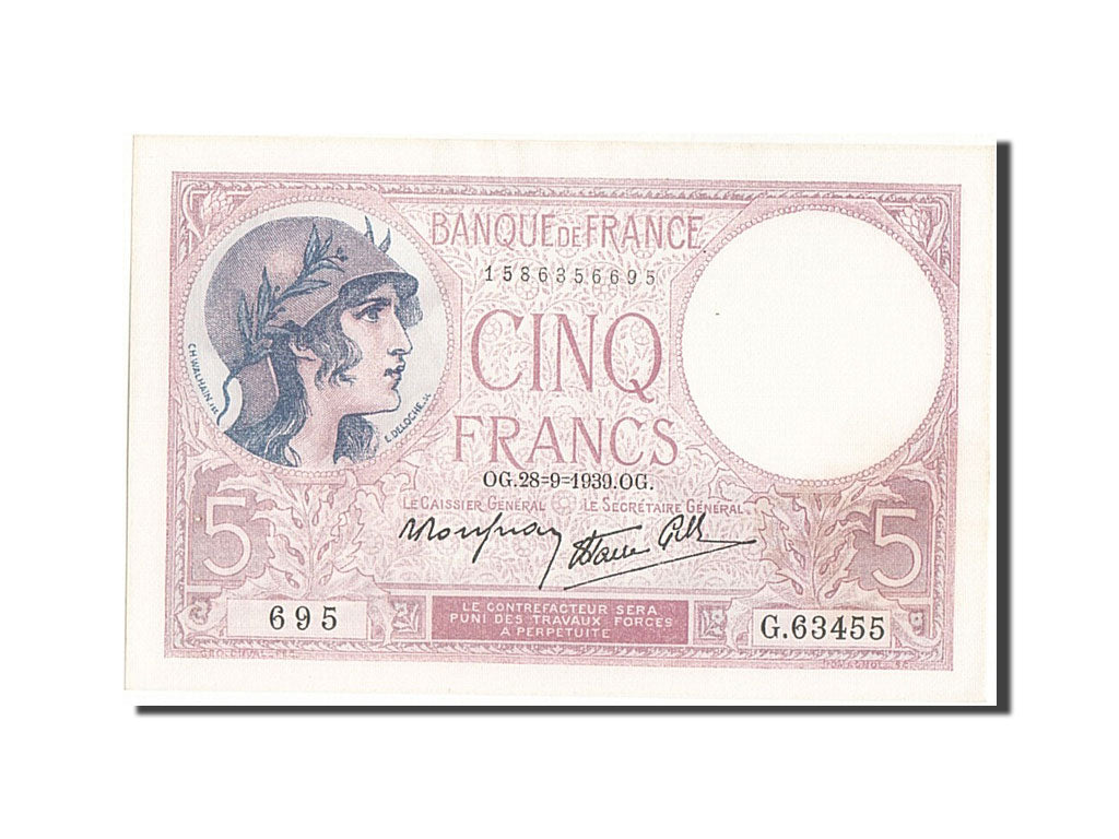Billete, Francia, 5 Francs, 5 F 1917-1940 ''Violet'', 1939, 1939-09-28, SC