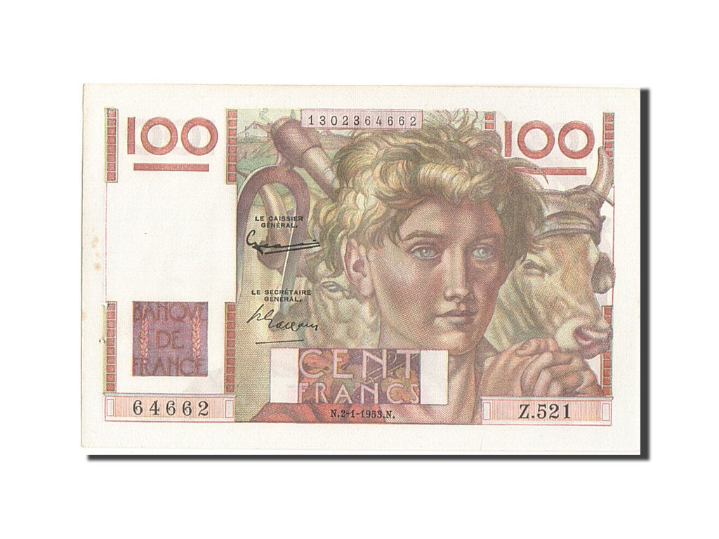 Geldschein, Frankreich, 100 Francs, 100 F 1945-1954 ''Jeune Paysan'', 1953