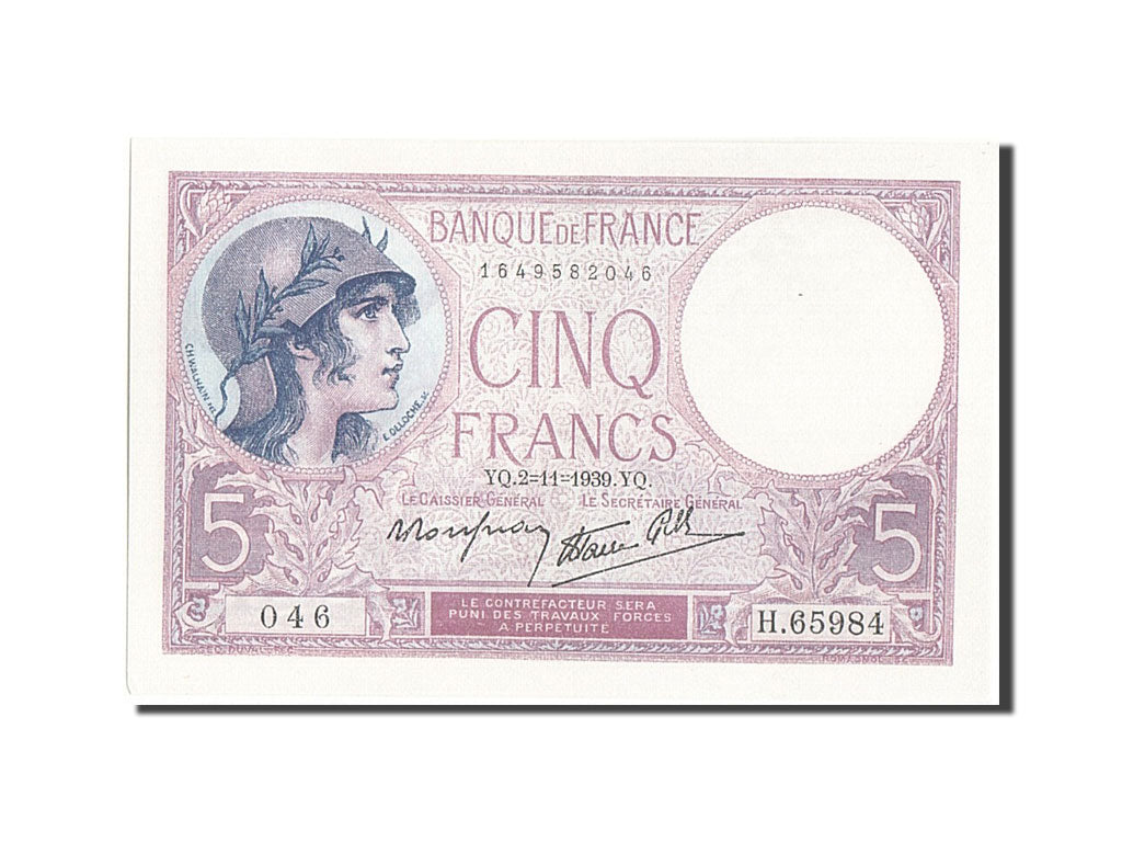 Banknot, Francja, 5 Francs, Violet, 1939, 1939-11-02, UNC(60-62), Fayette:4.14