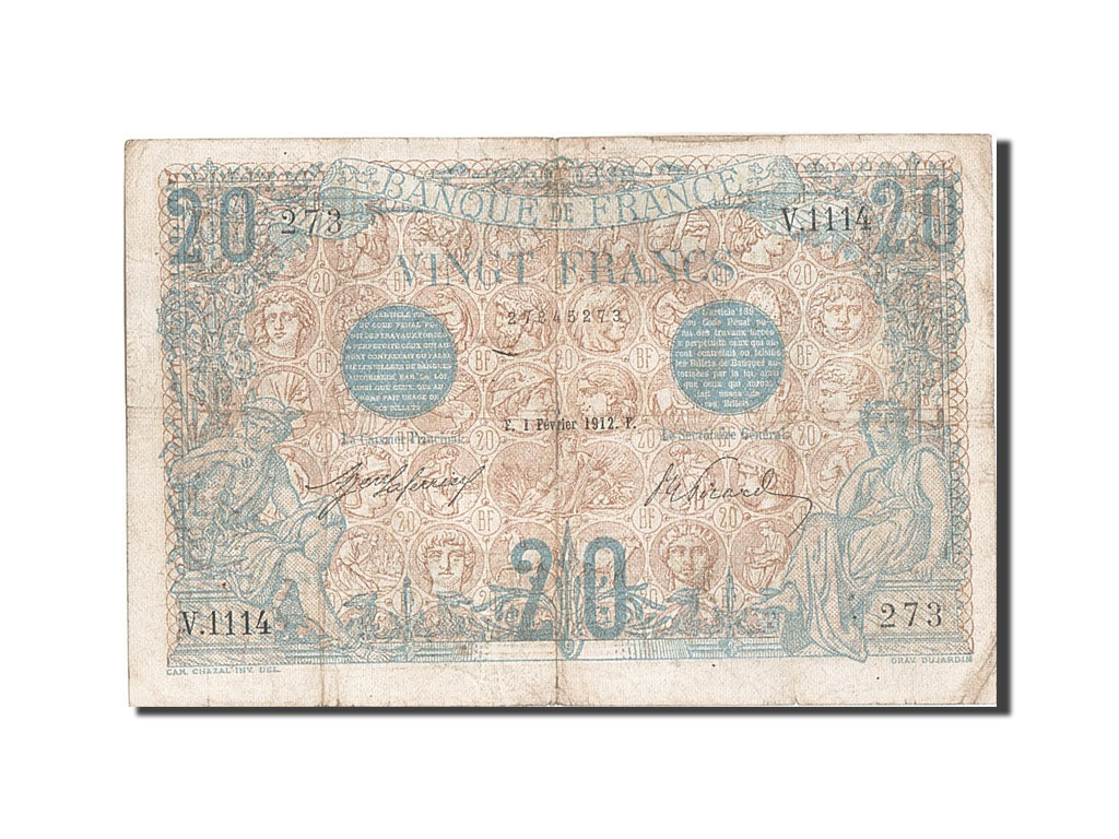 Banconote, Francia, 20 Francs, 20 F 1905-1913 ''Bleu'', 1912, 1912-02-01, BB