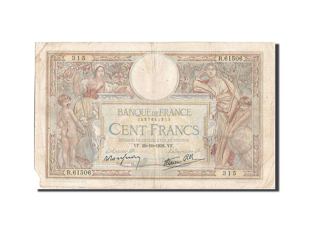 Billete, Francia, 100 Francs, 100 F 1908-1939 ''Luc Olivier Merson'', 1938