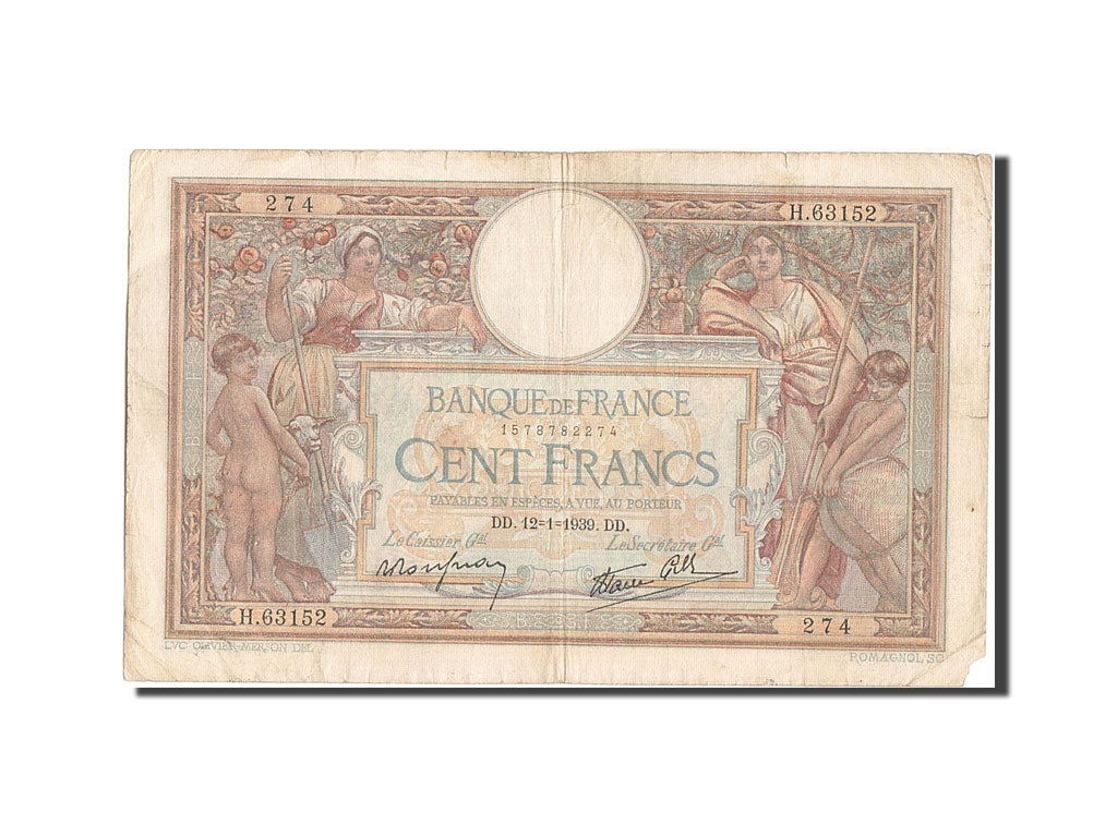 Banknote, France, 100 Francs, 100 F 1908-1939 ''Luc Olivier Merson'', 1939