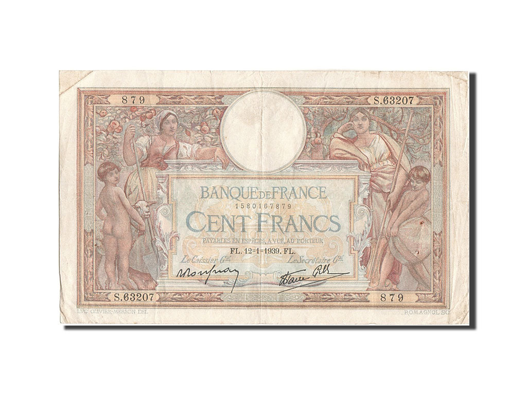 Billete, Francia, 100 Francs, 100 F 1908-1939 ''Luc Olivier Merson'', 1939