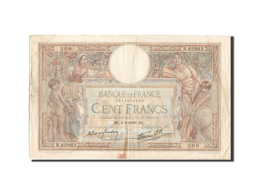 Geldschein, Frankreich, 100 Francs, 100 F 1908-1939 ''Luc Olivier Merson''