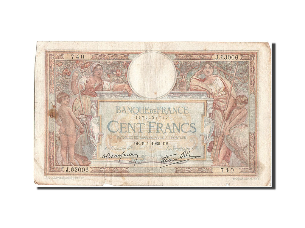 Billete, Francia, 100 Francs, 100 F 1908-1939 ''Luc Olivier Merson'', 1939