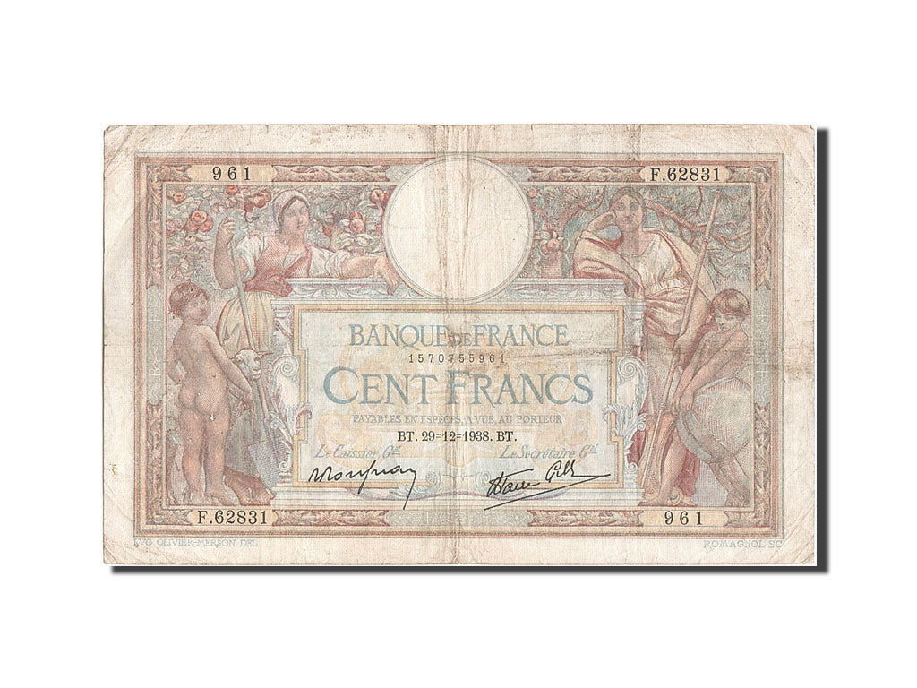 Banknote, France, 100 Francs, 100 F 1908-1939 ''Luc Olivier Merson'', 1938