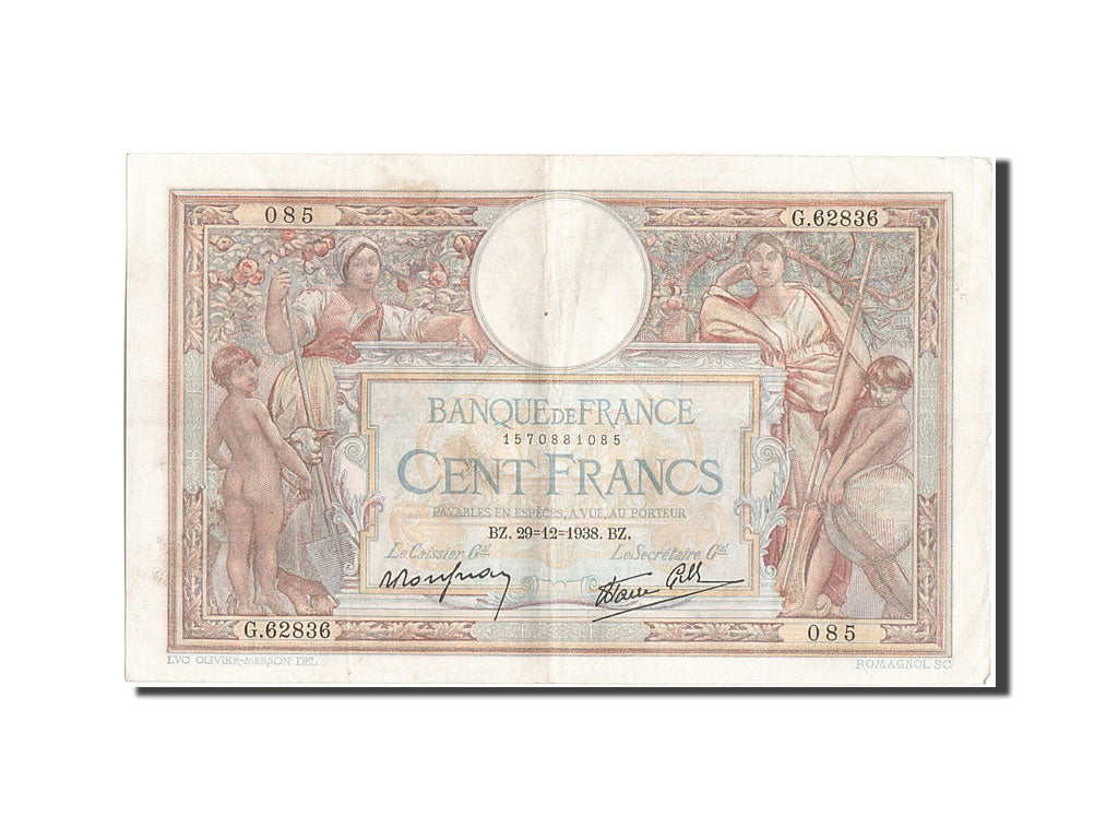 Billete, Francia, 100 Francs, 100 F 1908-1939 ''Luc Olivier Merson'', 1938