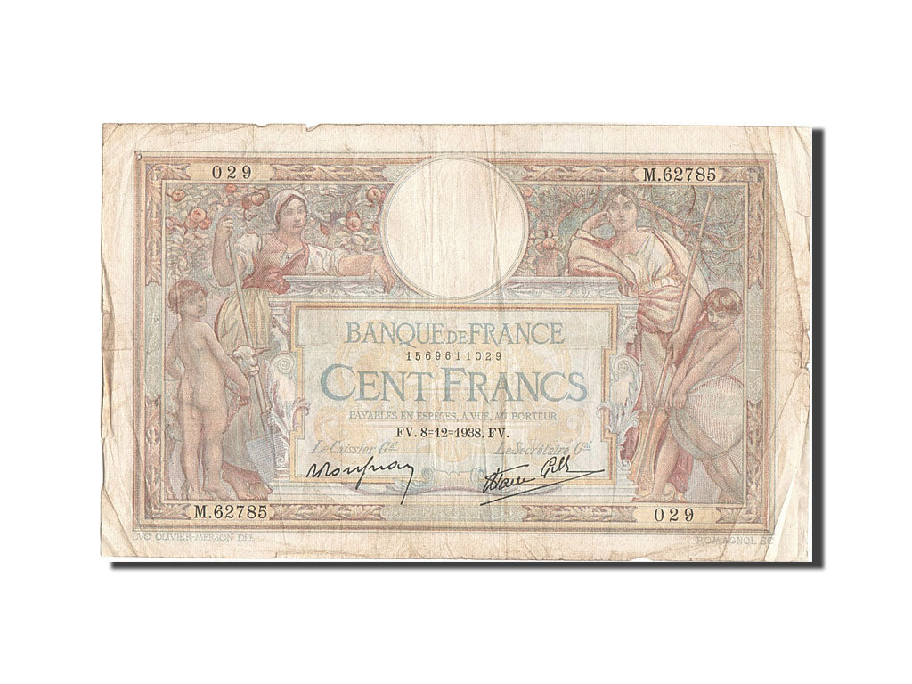 Billete, Francia, 100 Francs, 100 F 1908-1939 ''Luc Olivier Merson'', 1938