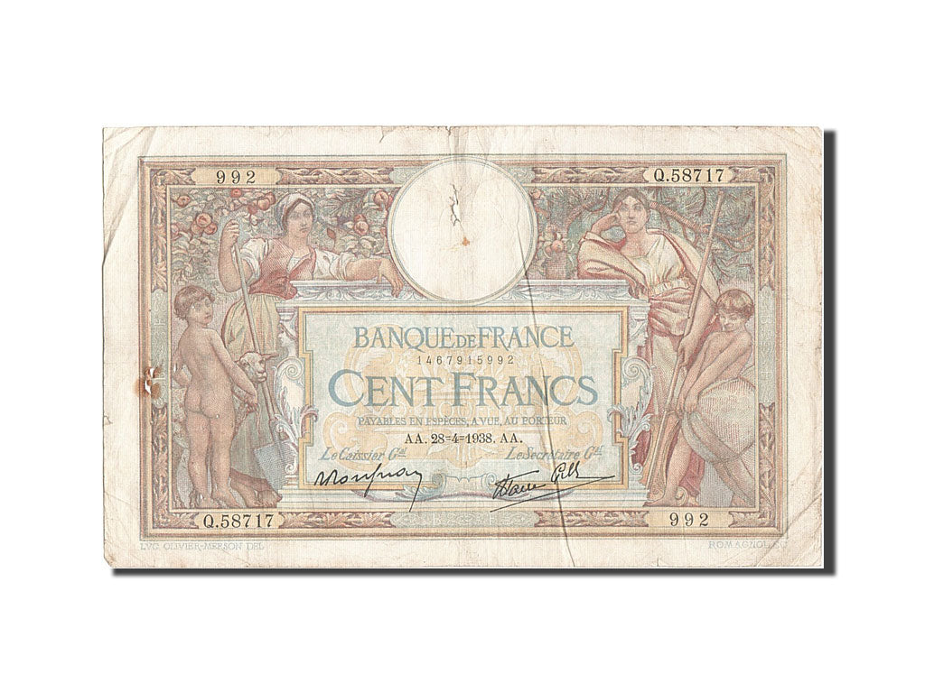 Banknote, France, 100 Francs, 100 F 1908-1939 ''Luc Olivier Merson'', 1938
