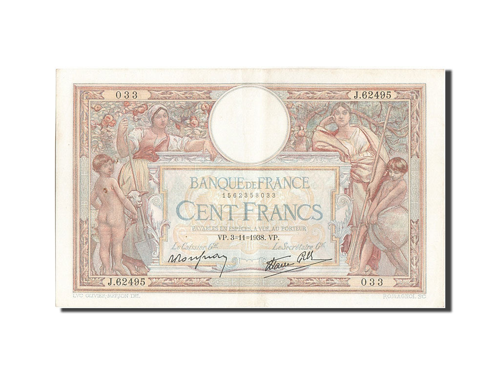 Banknote, France, 100 Francs, 100 F 1908-1939 ''Luc Olivier Merson'', 1938