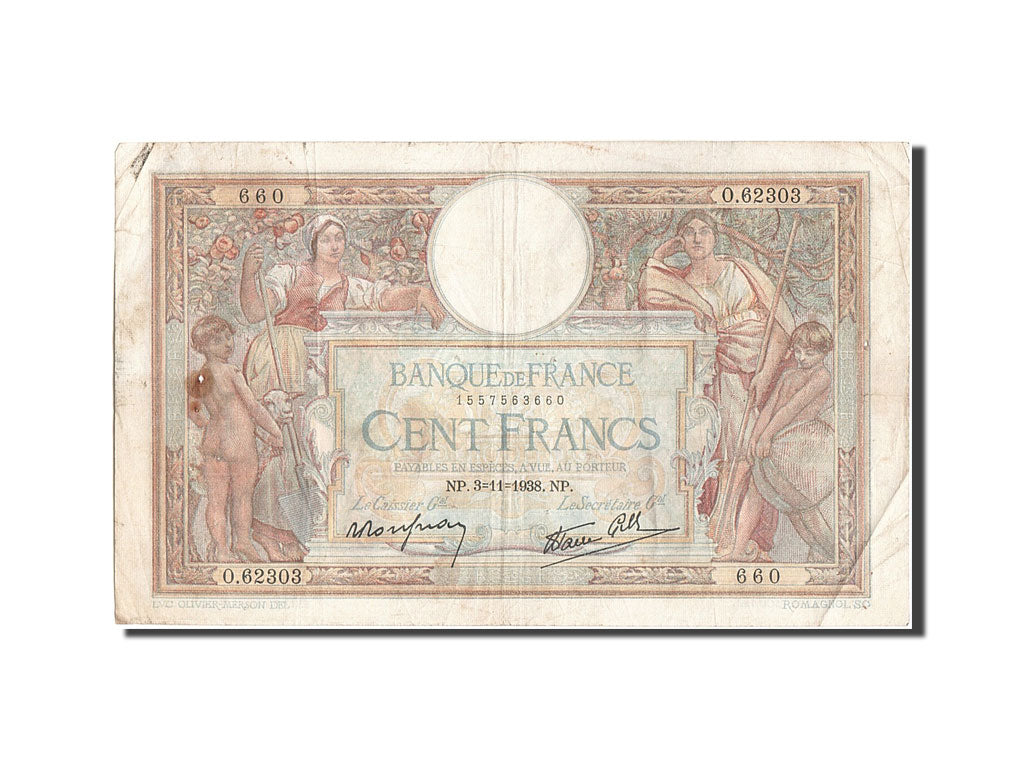 Banknote, France, 100 Francs, 100 F 1908-1939 ''Luc Olivier Merson'', 1938