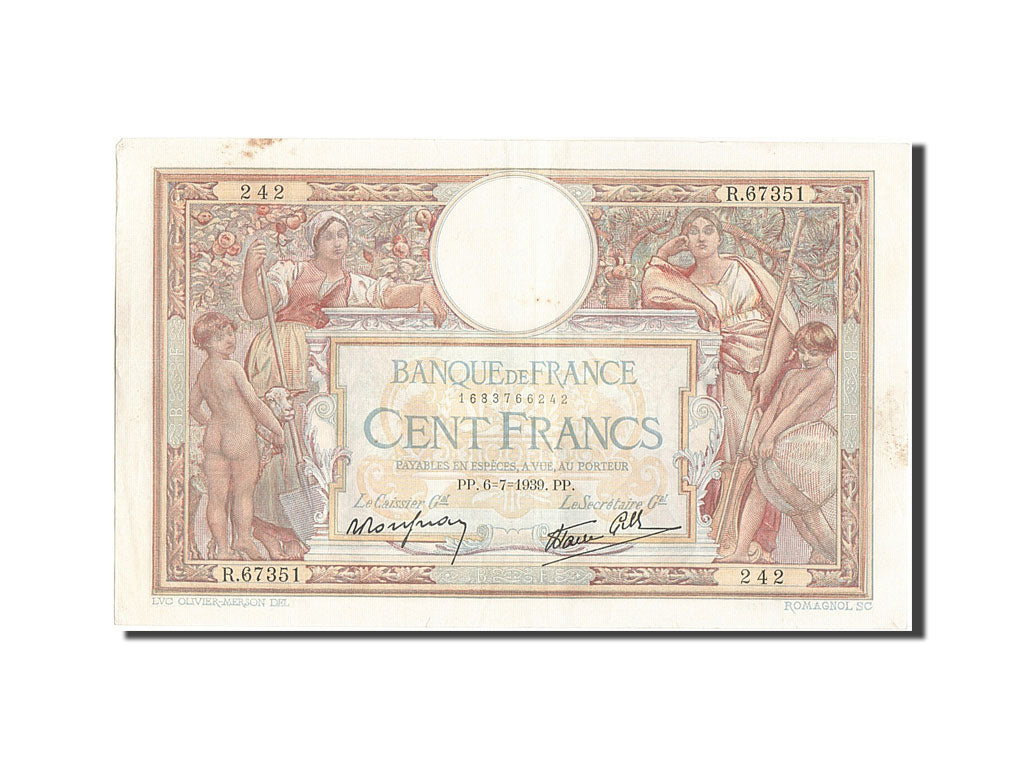 Billet, France, 100 Francs, 100 F 1908-1939 ''Luc Olivier Merson'', 1939