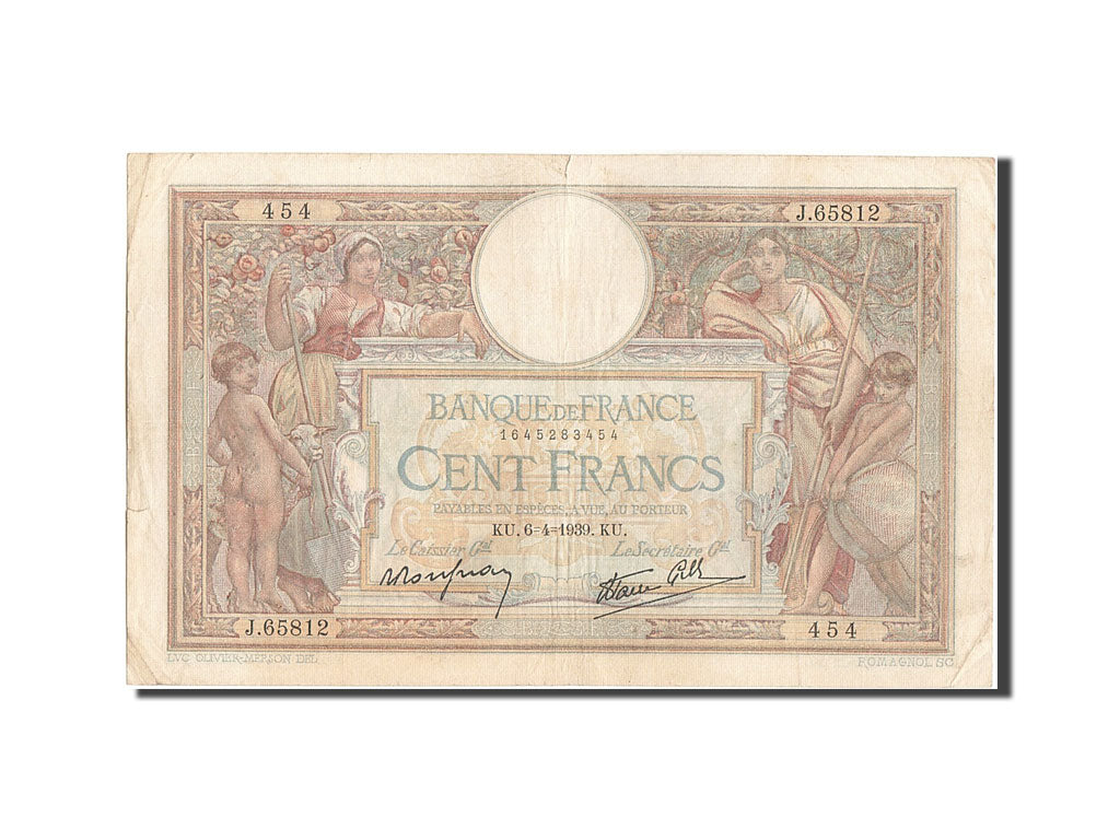 Billete, Francia, 100 Francs, 100 F 1908-1939 ''Luc Olivier Merson'', 1939