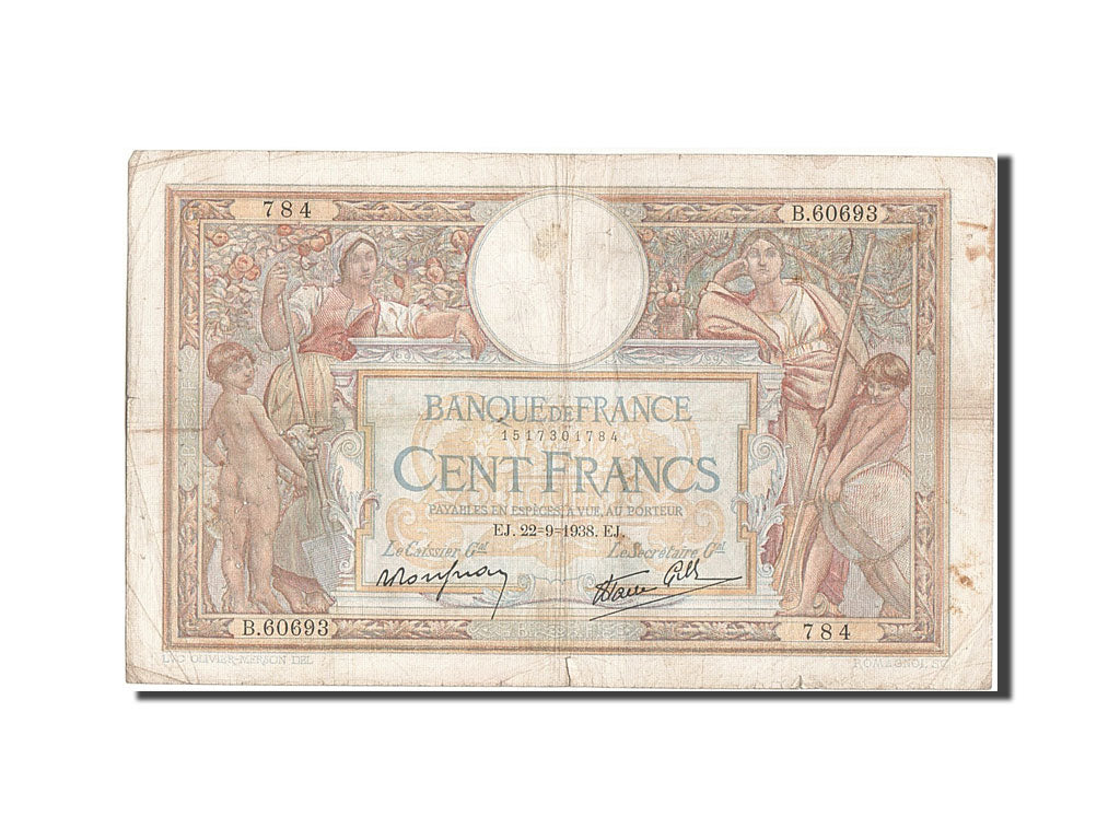 Banknote, France, 100 Francs, 100 F 1908-1939 ''Luc Olivier Merson'', 1938