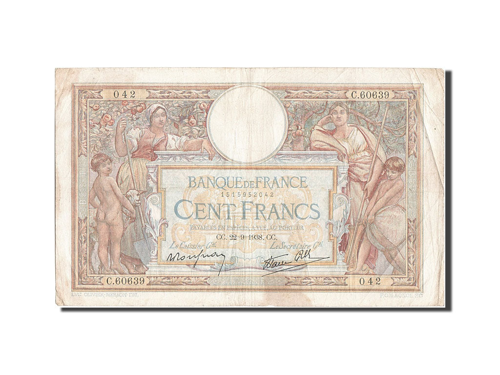 Biljet, Frankrijk, 100 Francs, 100 F 1908-1939 ''Luc Olivier Merson'', 1938