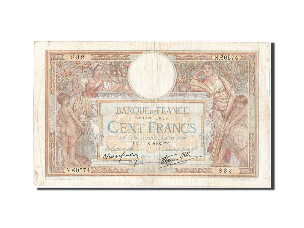 Banknote, France, 100 Francs, 100 F 1908-1939 ''Luc Olivier Merson'', 1938