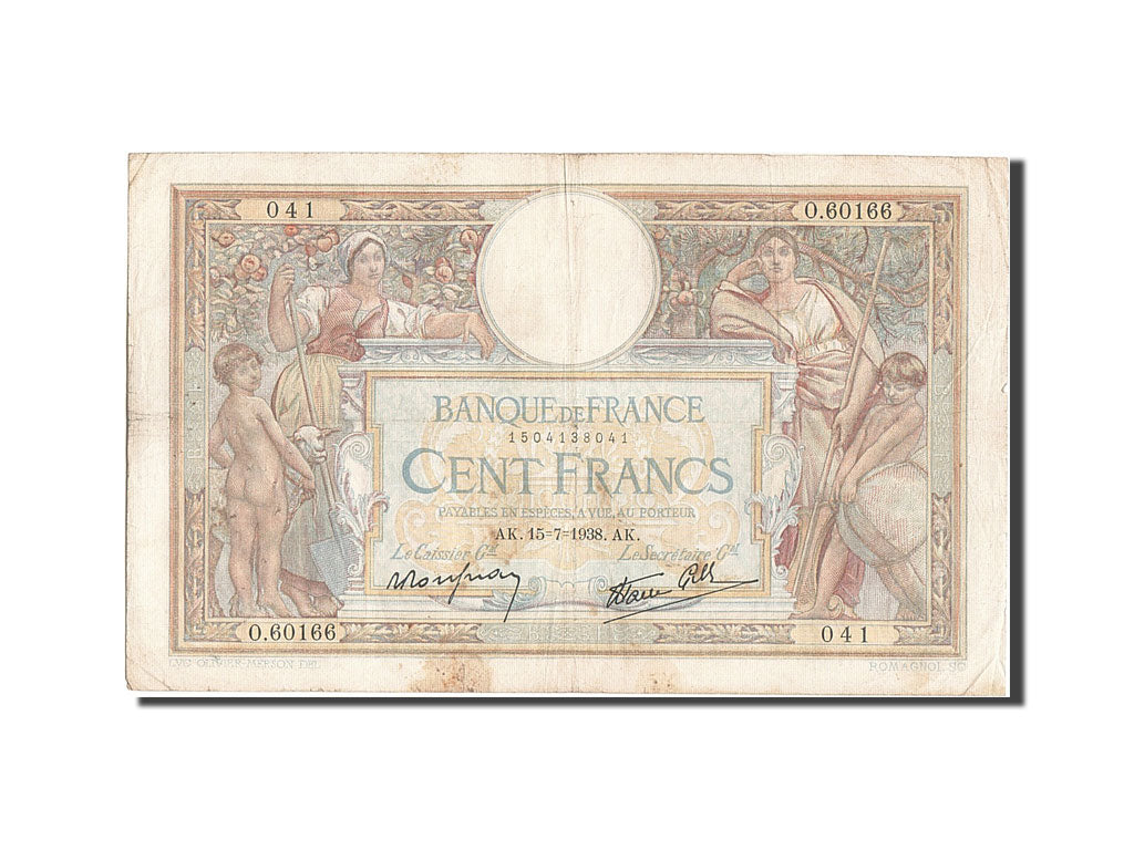 Banknot, Francja, 100 Francs, Luc Olivier Merson, 1938, 1938-07-15, VF(20-25)