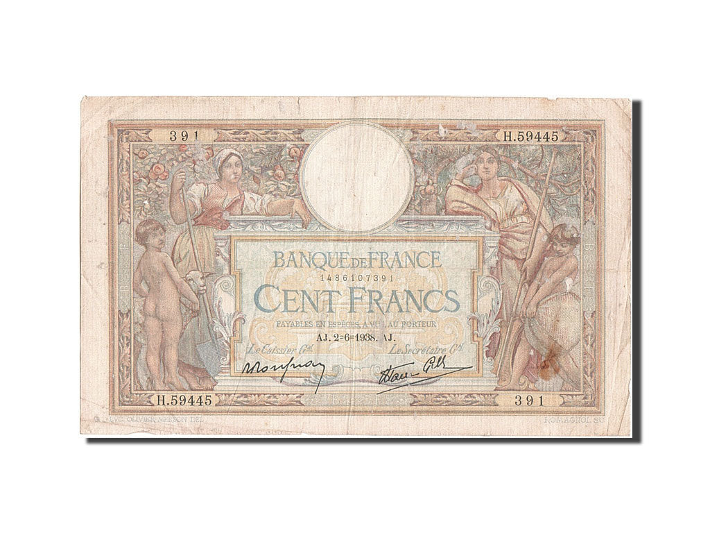 Biljet, Frankrijk, 100 Francs, 100 F 1908-1939 ''Luc Olivier Merson'', 1938