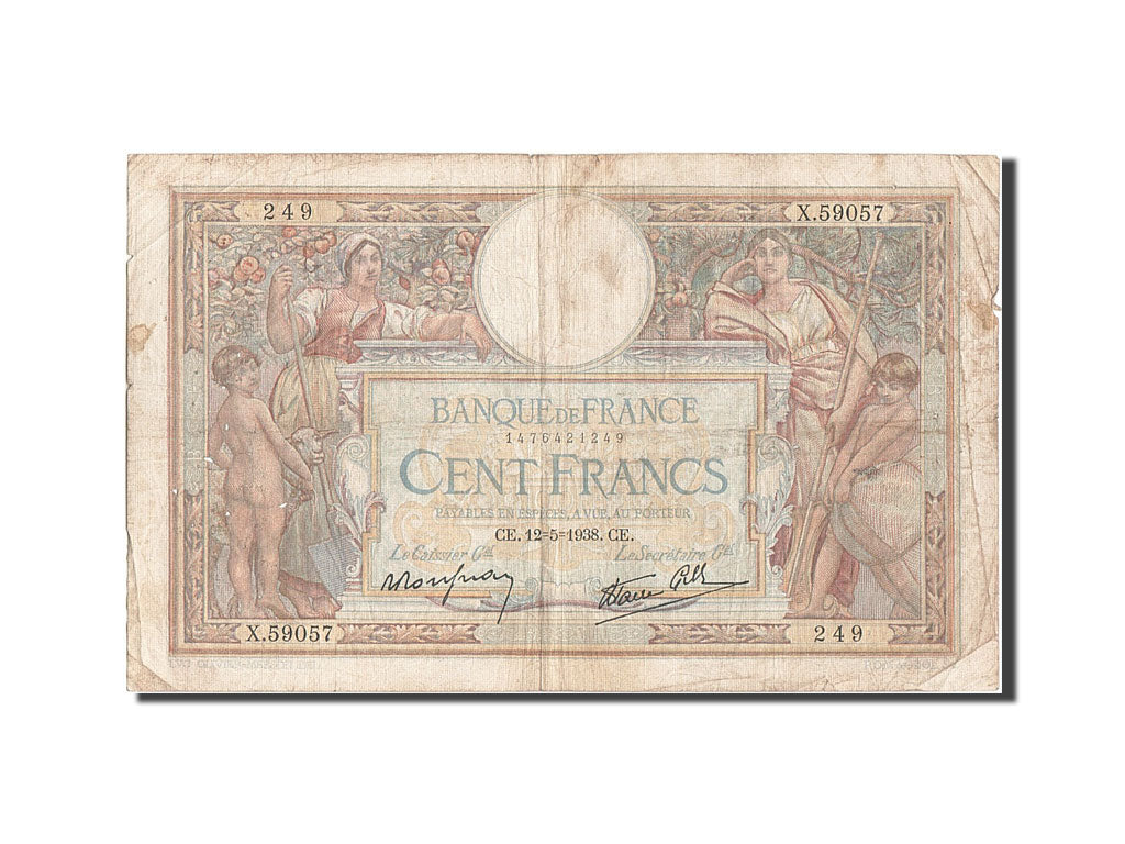 Billete, Francia, 100 Francs, 100 F 1908-1939 ''Luc Olivier Merson'', 1938
