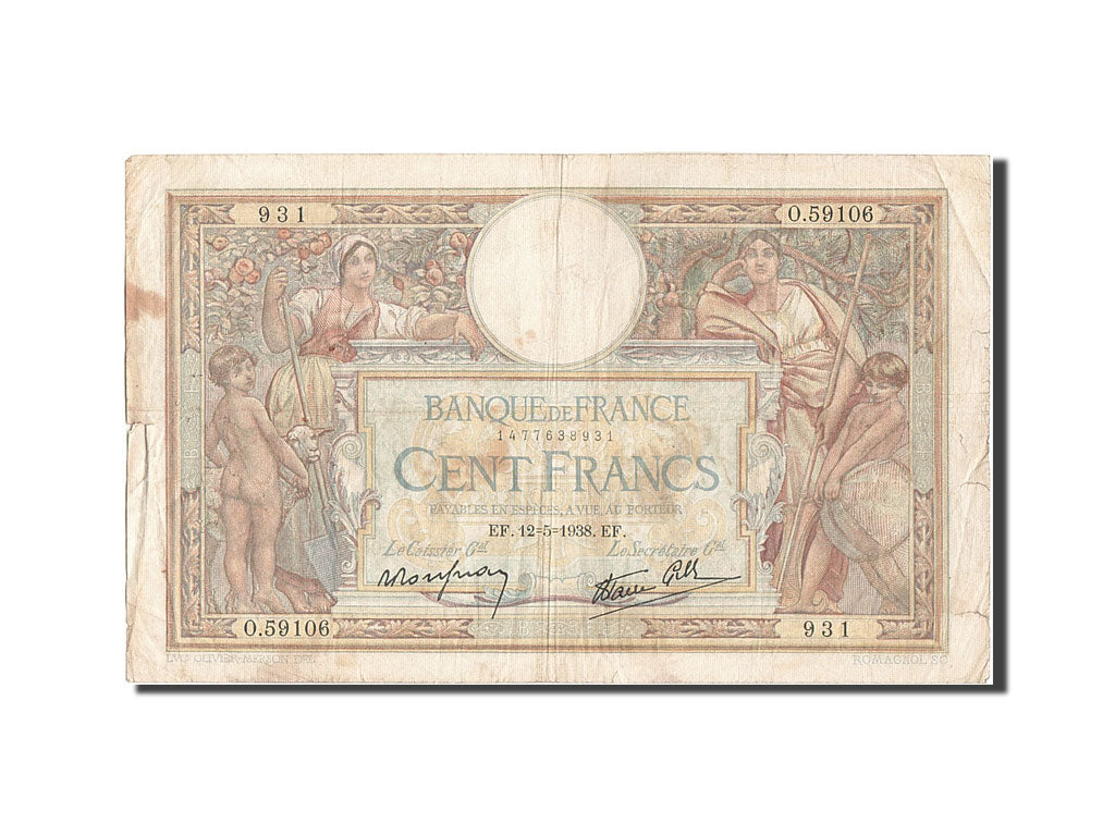 Banknote, France, 100 Francs, 100 F 1908-1939 ''Luc Olivier Merson'', 1938
