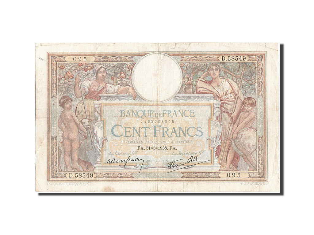 Banknot, Francja, 100 Francs, Luc Olivier Merson, 1938, 1938-03-31, VF(20-25)