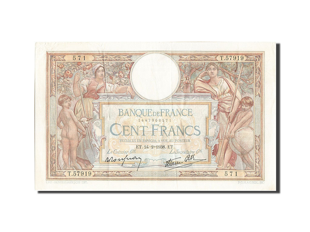 Billete, Francia, 100 Francs, 100 F 1908-1939 ''Luc Olivier Merson'', 1938