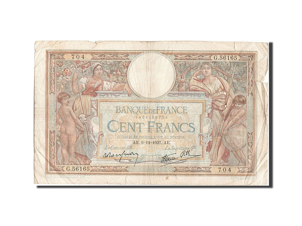 Billete, Francia, 100 Francs, 100 F 1908-1939 ''Luc Olivier Merson'', 1937