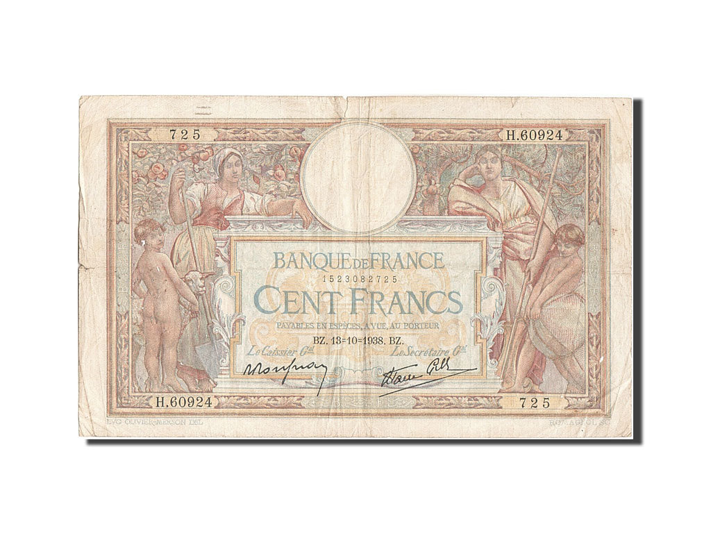 Banknote, France, 100 Francs, 100 F 1908-1939 ''Luc Olivier Merson'', 1938