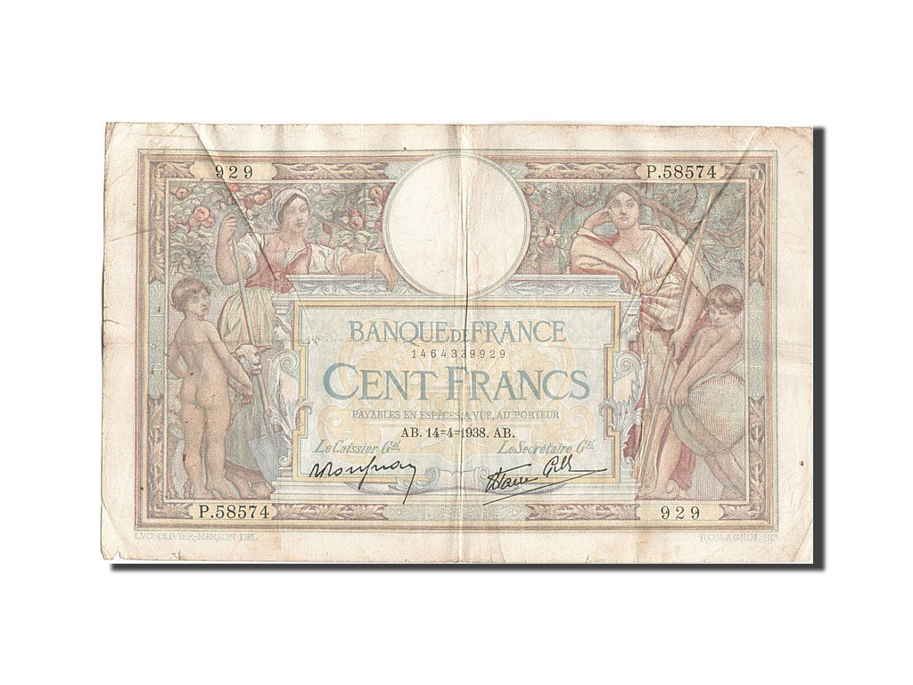 Biljet, Frankrijk, 100 Francs, 100 F 1908-1939 ''Luc Olivier Merson'', 1938