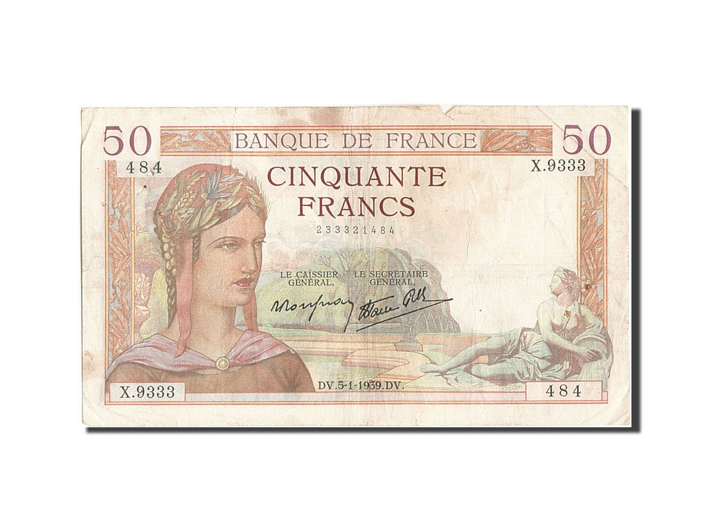 Banconote, Francia, 50 Francs, 50 F 1934-1940 ''Cérès'', 1939, 1939-01-05, MB