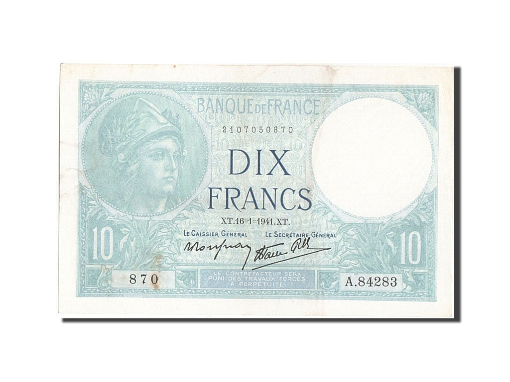 Geldschein, Frankreich, 10 Francs, 10 F 1916-1942 ''Minerve'', 1941, 1941-01-16