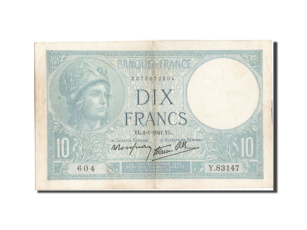 Billete, Francia, 10 Francs, 10 F 1916-1942 ''Minerve'', 1941, 1941-01-02, MBC+