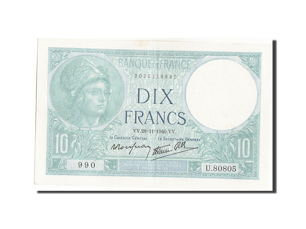 Banknot, Francja, 10 Francs, Minerve, 1940, 1940-11-28, AU(55-58), Fayette:7.22