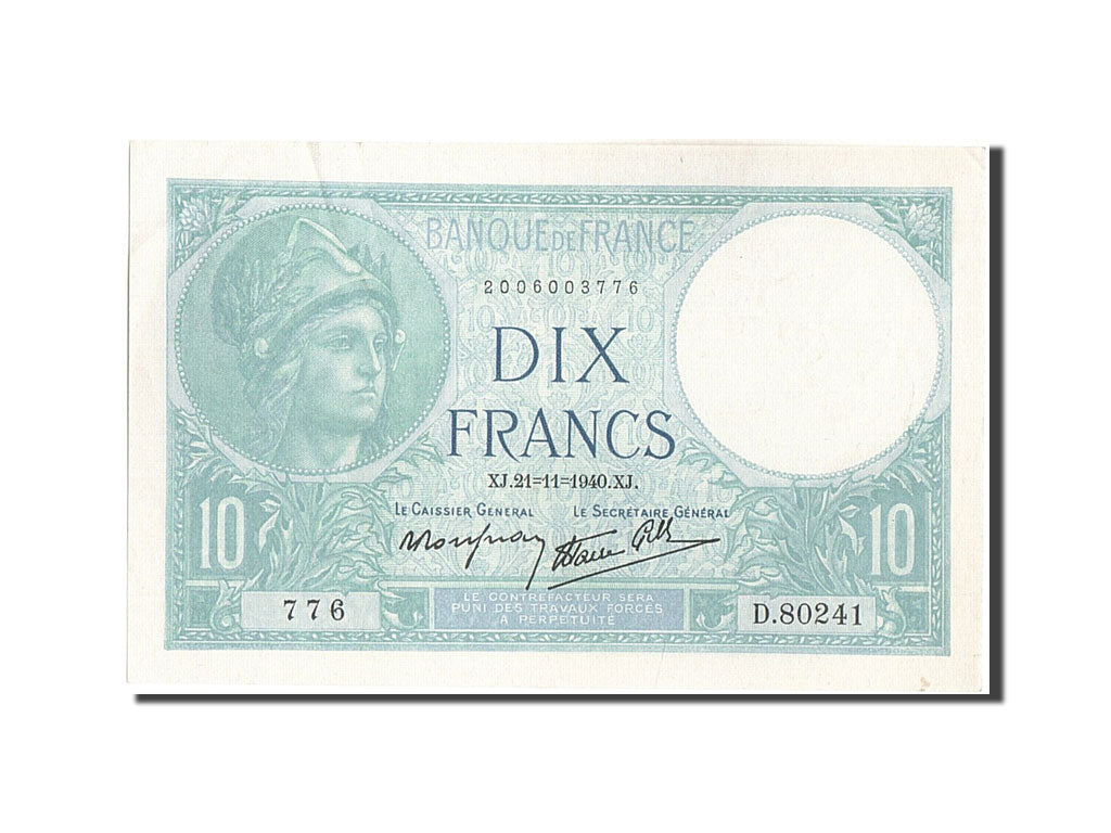 Billete, Francia, 10 Francs, 10 F 1916-1942 ''Minerve'', 1940, 1940-11-21, EBC