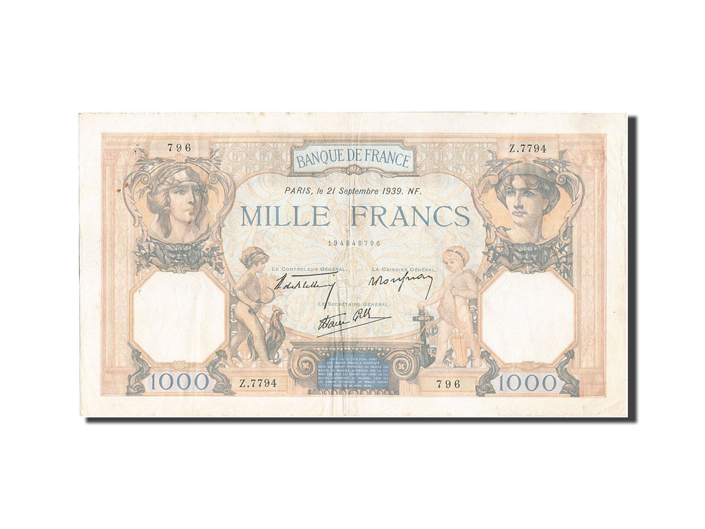 Geldschein, Frankreich, 1000 Francs, 1 000 F 1927-1940 ''Cérès et Mercure''
