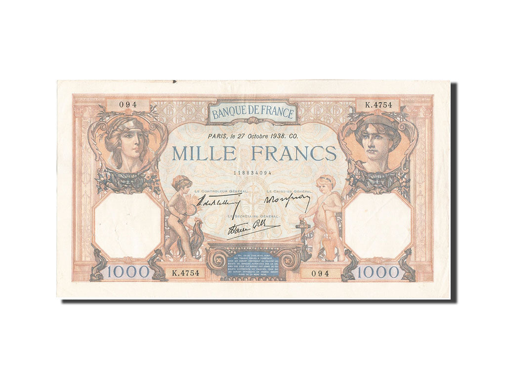 Banknot, Francja, 1000 Francs, Cérès et Mercure, 1938, 1938-10-27, AU(50-53)