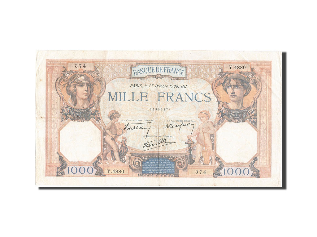 Banknot, Francja, 1000 Francs, Cérès et Mercure, 1938, 1938-10-27, EF(40-45)