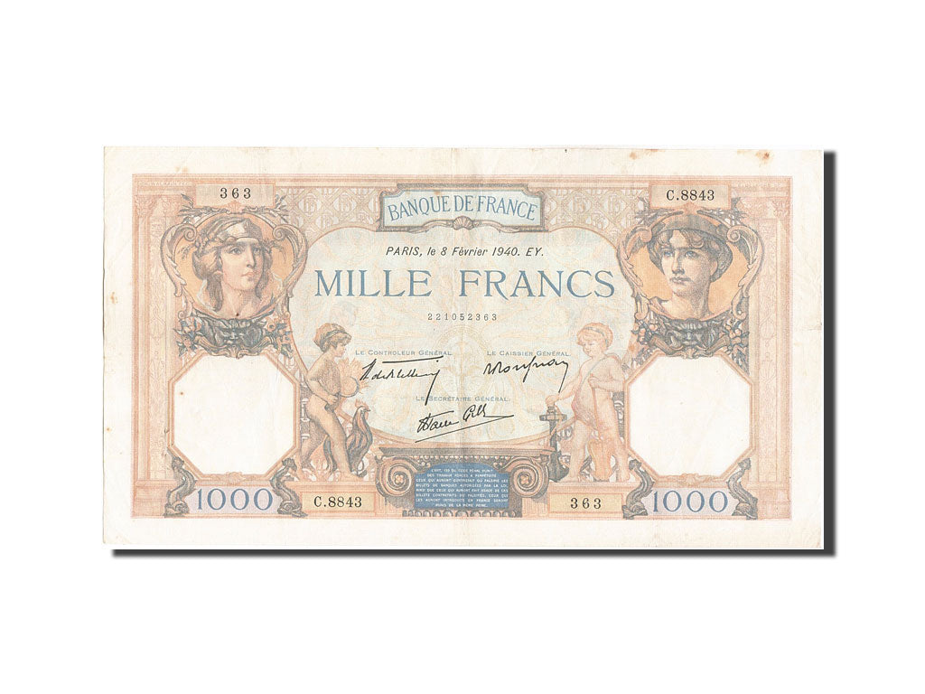 Banknot, Francja, 1000 Francs, Cérès et Mercure, 1940, 1940-02-08, AU(50-53)