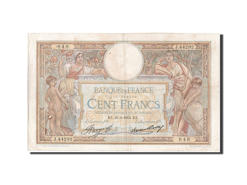 Banknote, France, 100 Francs, 100 F 1908-1939 ''Luc Olivier Merson'', 1934
