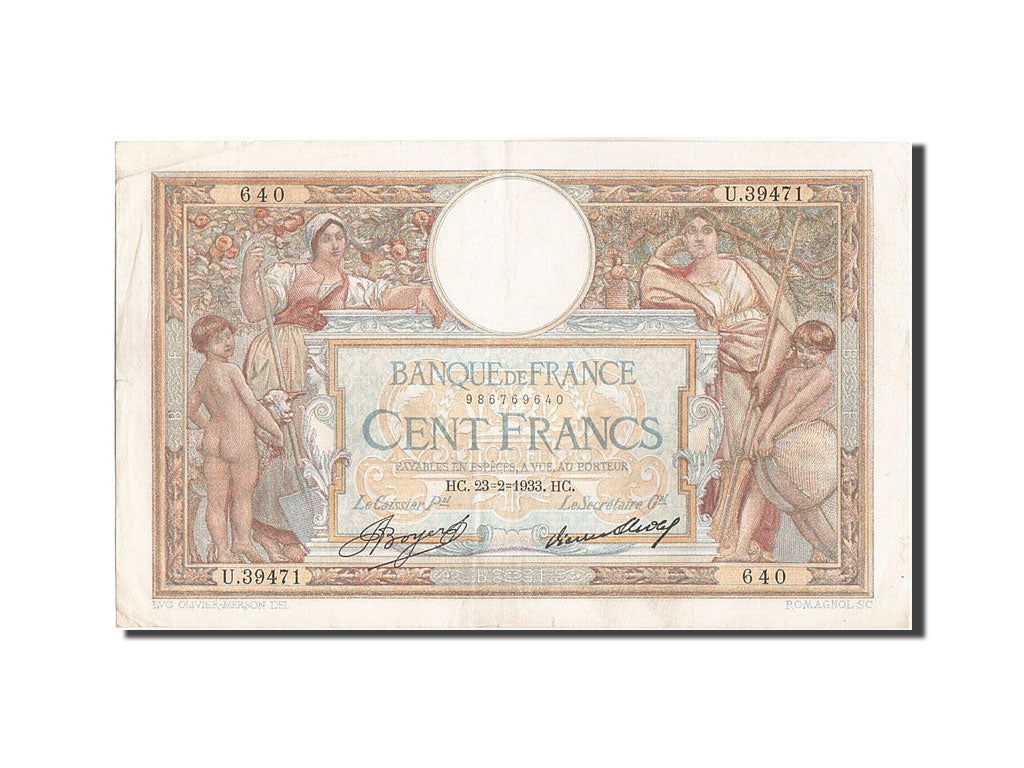 Banknote, France, 100 Francs, 100 F 1908-1939 ''Luc Olivier Merson'', 1933