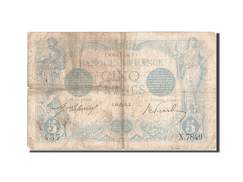 Banknot, Francja, 5 Francs, Bleu, 1915, 1915-09-18, VF(20-25), Fayette:2.31