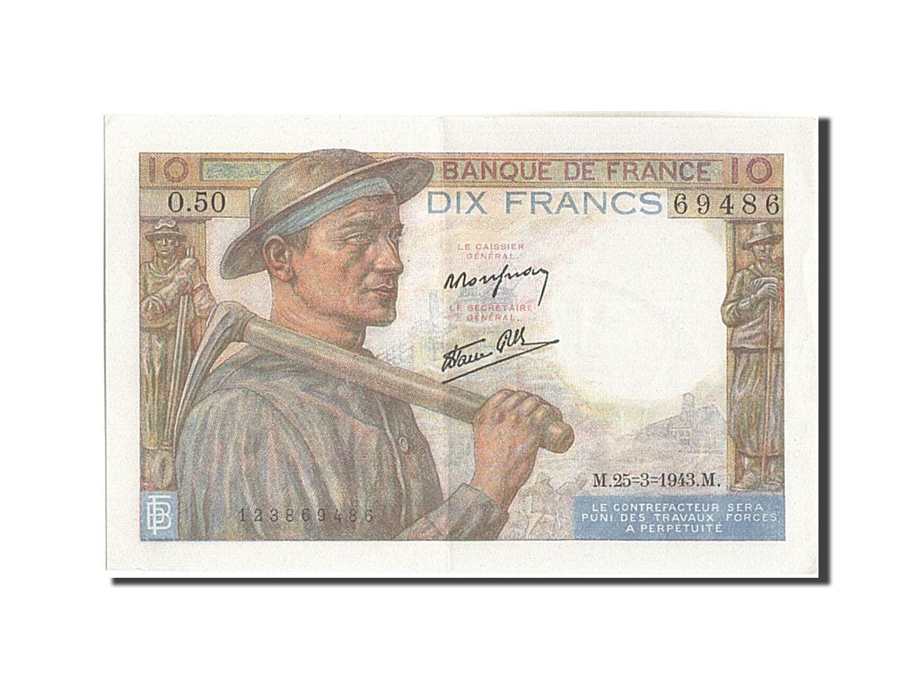 Banconote, Francia, 10 Francs, 10 F 1941-1949 ''Mineur'', 1943, 1943-03-25, SPL
