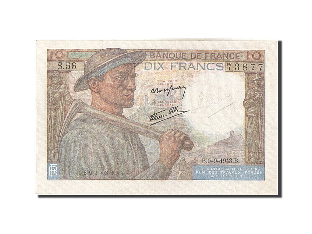 Banconote, Francia, 10 Francs, 10 F 1941-1949 ''Mineur'', 1943, 1943-09-09, SPL