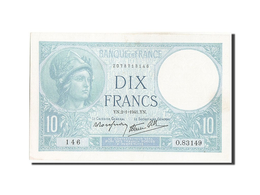 Banknot, Francja, 10 Francs, Minerve, 1941, 1941-01-02, UNC(63), Fayette:7.26