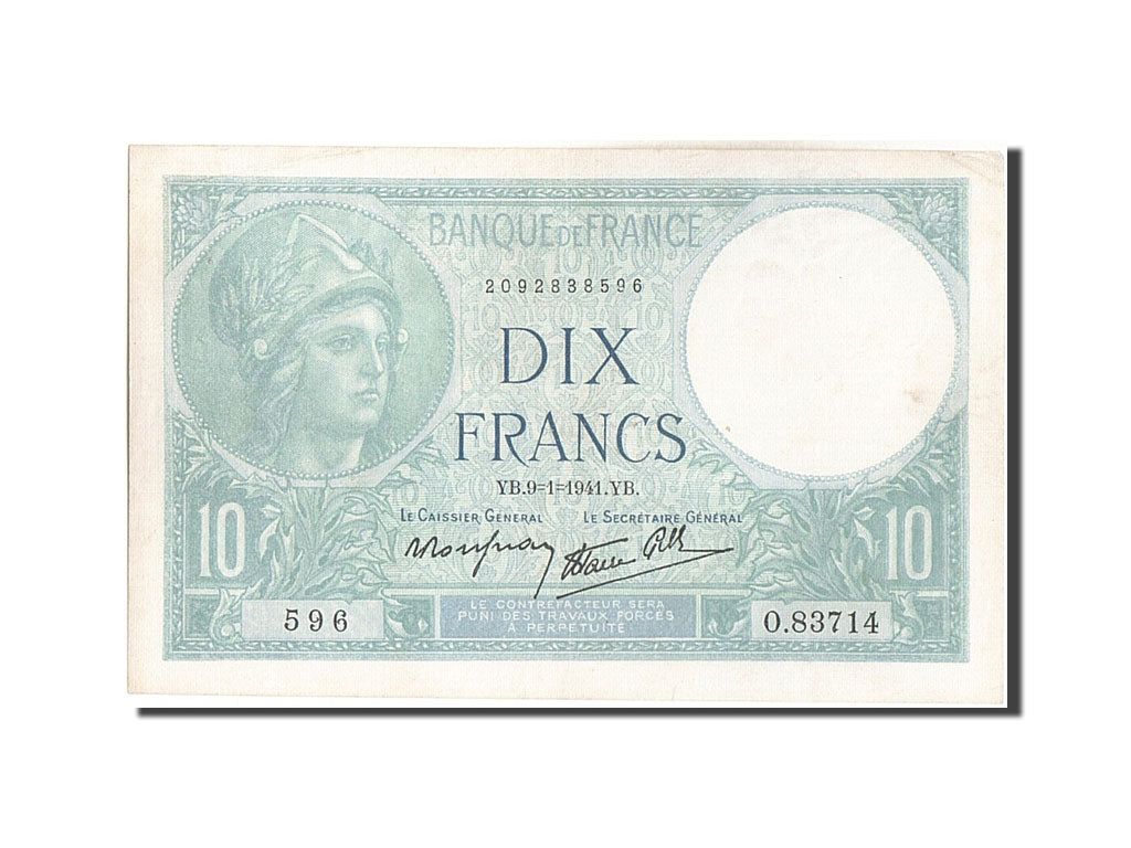 Banknot, Francja, 10 Francs, Minerve, 1941, 1941-01-09, AU(55-58), Fayette:7.27