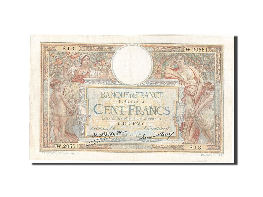 Banknote, France, 100 Francs, 100 F 1908-1939 ''Luc Olivier Merson'', 1928